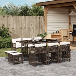 Set comedor de jardín 11 pzas y cojines ratán sintético marrón