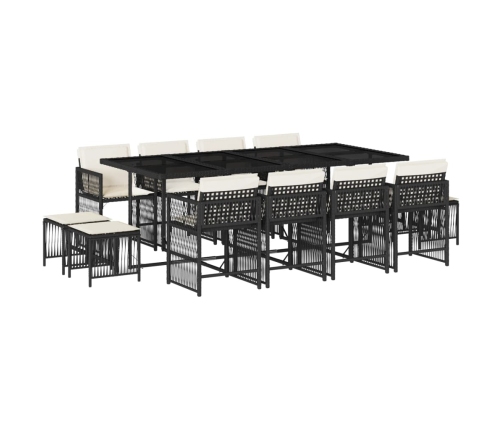Set comedor de jardín con cojines 13 pzas ratán sintético negro