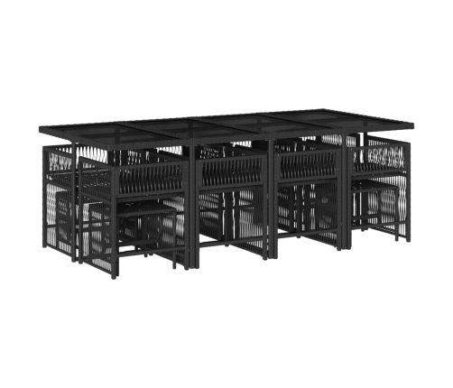 Set comedor de jardín con cojines 13 pzas ratán sintético negro