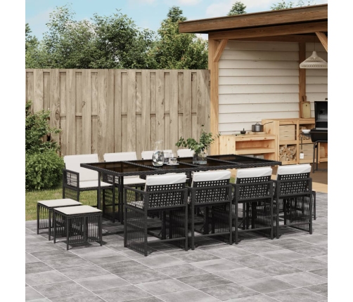 Set comedor de jardín con cojines 13 pzas ratán sintético negro