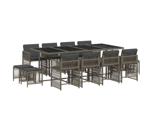 Set comedor de jardín con cojines 13 pzas ratán sintético gris