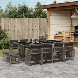 Set comedor de jardín con cojines 13 pzas ratán sintético gris