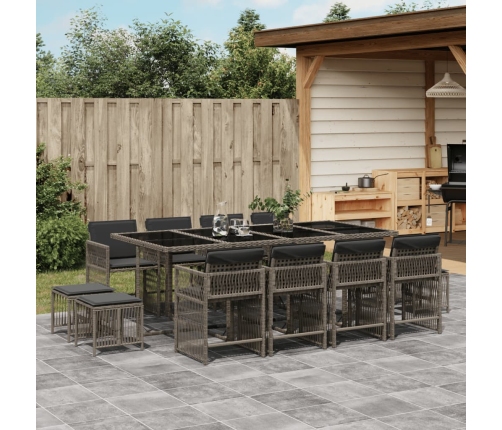 Set comedor de jardín con cojines 13 pzas ratán sintético gris
