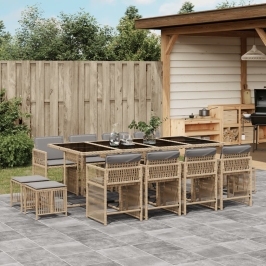Set comedor de jardín con cojines 13 pzas ratán sintético beige