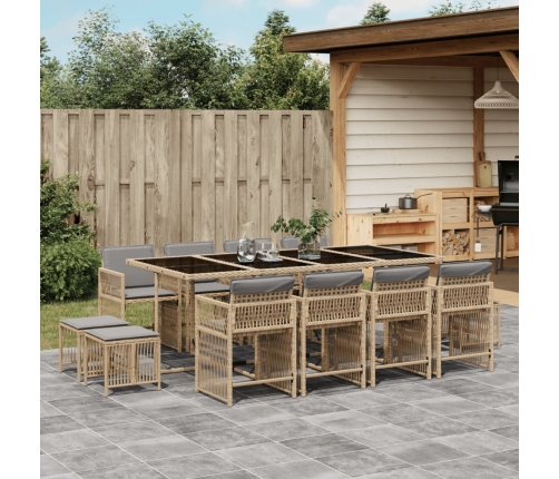 Set comedor de jardín con cojines 13 pzas ratán sintético beige