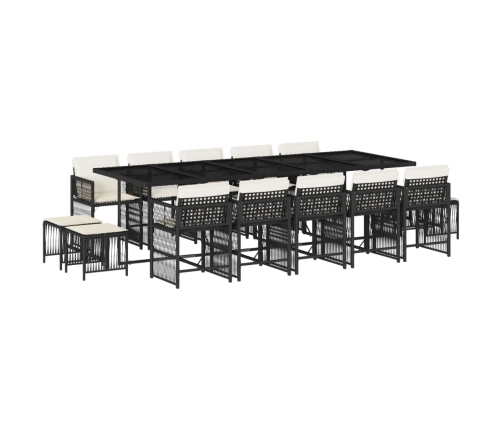 Set comedor de jardín con cojines 15 pzas ratán sintético negro