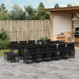 Set comedor de jardín con cojines 15 pzas ratán sintético negro