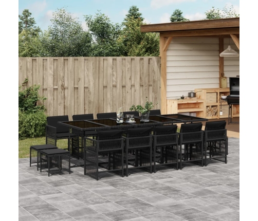 Set comedor de jardín con cojines 15 pzas ratán sintético negro
