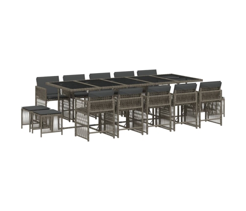 Set comedor de jardín con cojines 15 pzas ratán sintético gris
