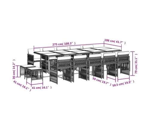Set comedor de jardín con cojines 15 pzas ratán sintético gris