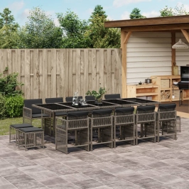 Set comedor de jardín con cojines 15 pzas ratán sintético gris