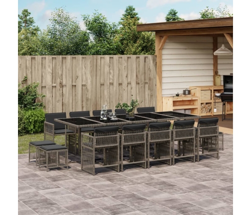 Set comedor de jardín con cojines 15 pzas ratán sintético gris