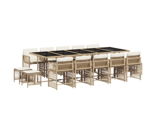 Set comedor de jardín con cojines 15 pzas ratán sintético beige