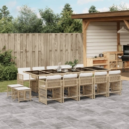 Set comedor de jardín con cojines 15 pzas ratán sintético beige