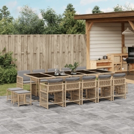 Set comedor de jardín con cojines 15 pzas ratán sintético beige