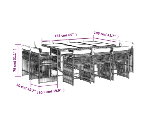 Set de comedor jardín 11 pzas con cojines ratán sintético negro