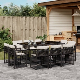 Set de comedor jardín 11 pzas con cojines ratán sintético negro