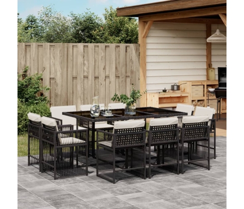 Set de comedor jardín 11 pzas con cojines ratán sintético negro