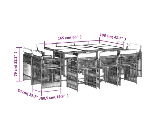 Set comedor de jardín 11 pzas con cojines ratán sintético beige