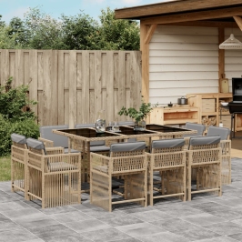 Set comedor de jardín 11 pzas con cojines ratán sintético beige