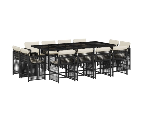 Set comedor de jardín con cojines 13 pzas ratán sintético negro