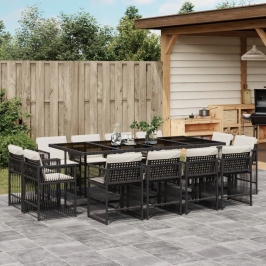 Set comedor de jardín con cojines 13 pzas ratán sintético negro