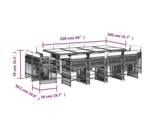 Set comedor de jardín con cojines 13 pzas ratán sintético beige