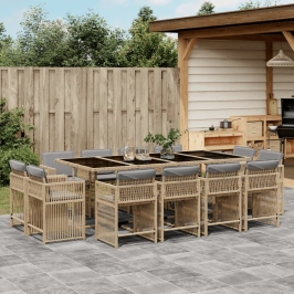 Set comedor de jardín con cojines 13 pzas ratán sintético beige