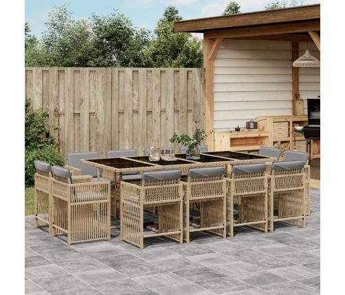 Set comedor de jardín con cojines 13 pzas ratán sintético beige