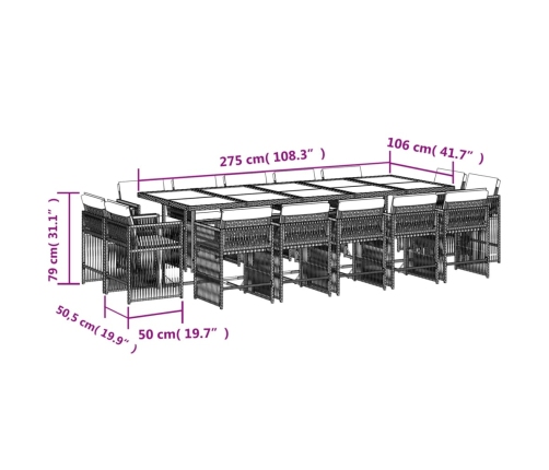 Set comedor de jardín con cojines 15 pzas ratán sintético negro