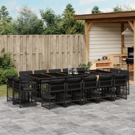 Set comedor de jardín con cojines 15 pzas ratán sintético negro