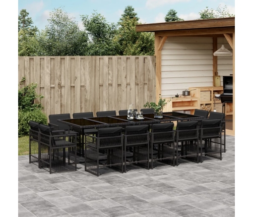 Set comedor de jardín con cojines 15 pzas ratán sintético negro