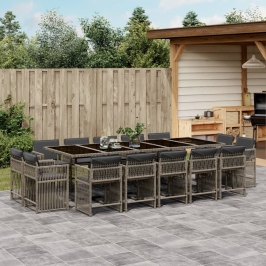 Set comedor de jardín con cojines 15 pzas ratán sintético gris