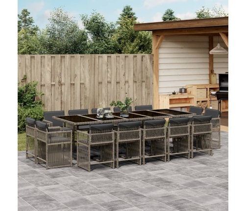 Set comedor de jardín con cojines 15 pzas ratán sintético gris