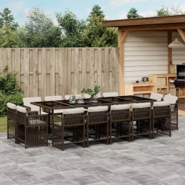 Set comedor de jardín y cojines 15 pzas ratán sintético marrón