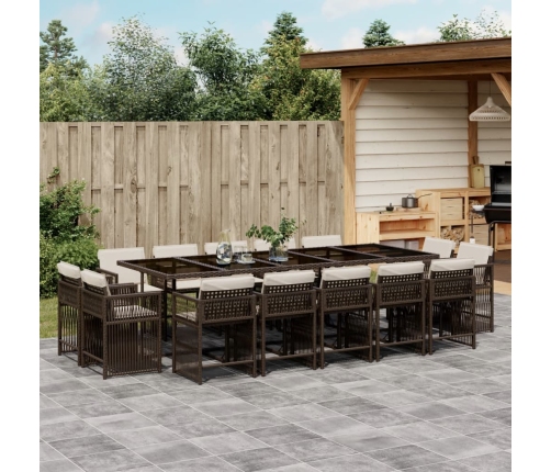 Set comedor de jardín y cojines 15 pzas ratán sintético marrón