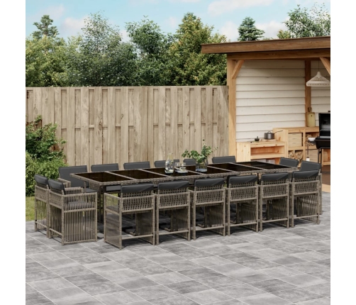 Set comedor de jardín 17 pzas y cojines ratán sintético gris
