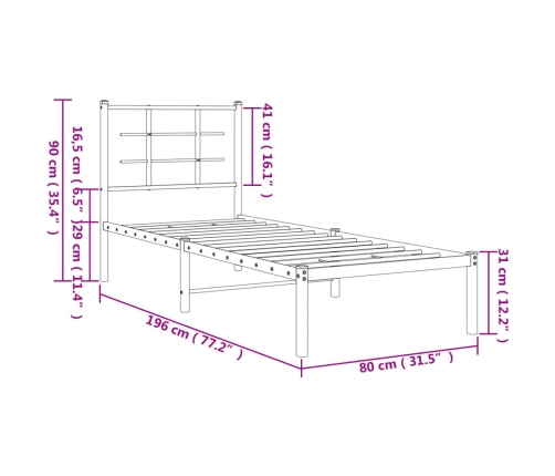 Estructura cama sin colchón con cabecero metal negro 75x190 cm