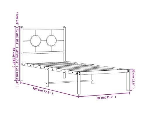 Estructura cama sin colchón con cabecero metal negro 75x190 cm