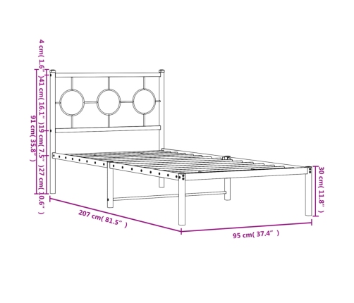 Estructura cama sin colchón con cabecero metal negro 90x200 cm