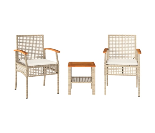 Mesita y sillas con cojines 3 pzas ratán PE madera acacia beige