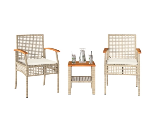 Mesita y sillas con cojines 3 pzas ratán PE madera acacia beige