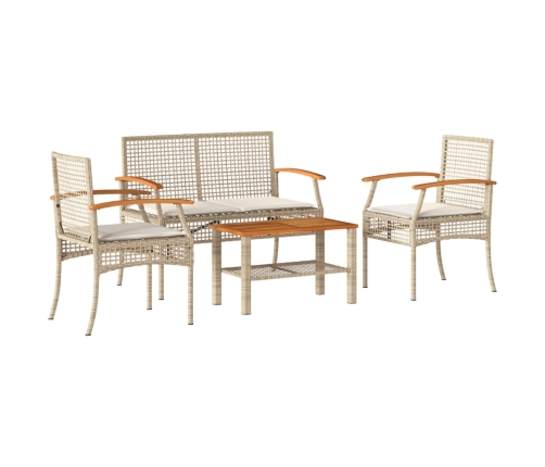 Set muebles de jardín 4 piezas y cojines ratán sintético beige