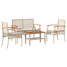 Set muebles de jardín 4 piezas y cojines ratán sintético beige