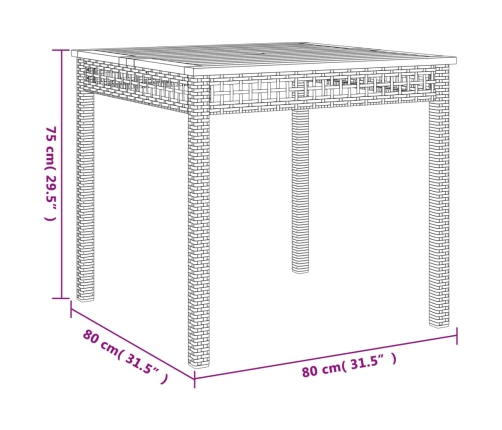 Mesa de jardín ratán sintético madera acacia negro 80x80x75 cm