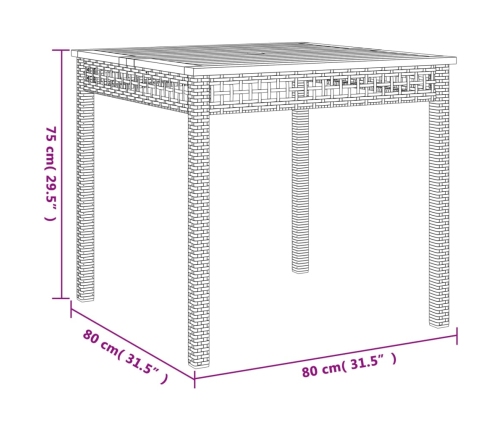 Mesa de jardín ratán sintético madera acacia gris 80x80x75 cm