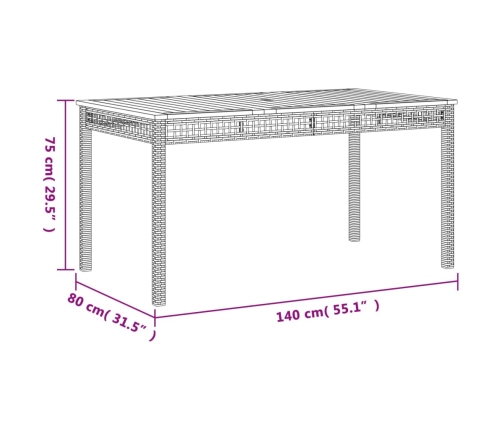 Mesa de jardín ratán sintético madera acacia gris 140x80x75 cm