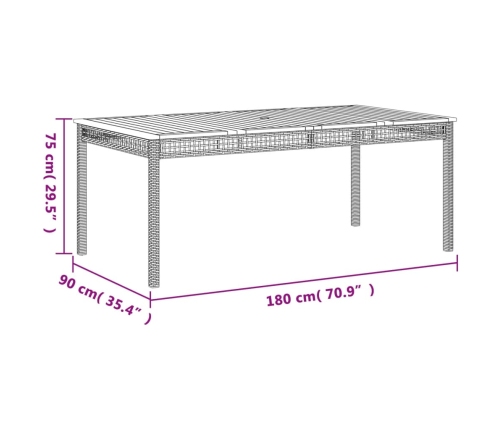 Mesa de jardín ratán sintético madera acacia negro 180x90x75 cm