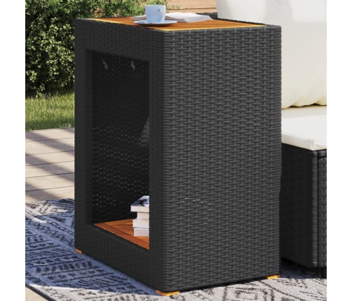 Mesa auxiliar jardín tapa madera ratán PE negro 60x40x75 cm