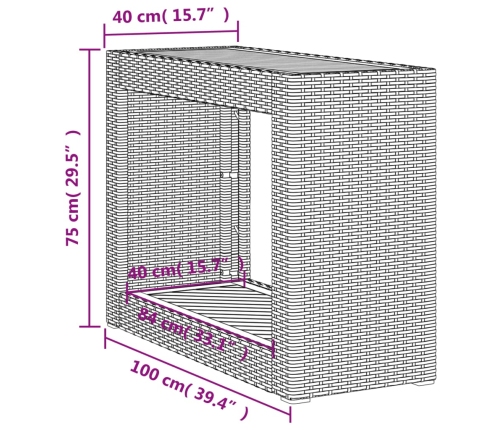 vidaXL Mesa auxiliar jardín tapa madera ratán PE gris 100x40x75 cm